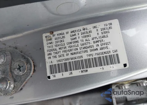 2009 Honda Accord 2.4 Ex-L из США, поврежденный, VIN 1HGCP26819A041005